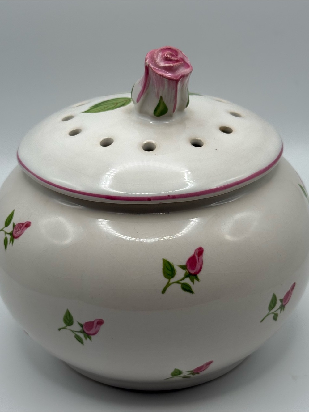 Vintage Teleflora Portugal Pink Rose Ceramic Potpourri Jar Pierced Lid 5.5”